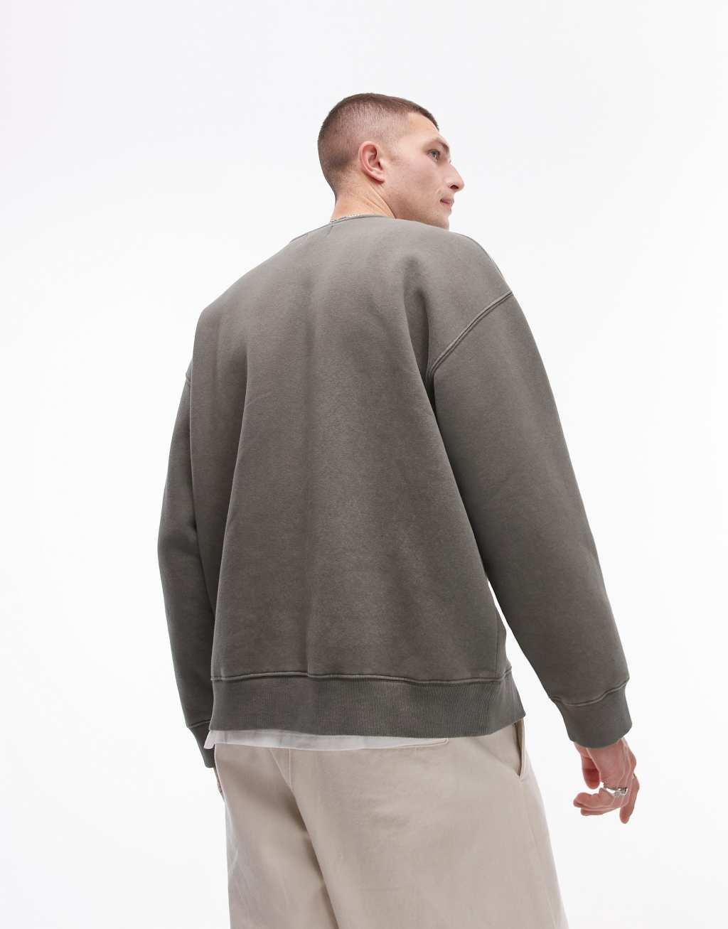 Topman oversized fit sweatshirt with floral embroidery in washed khaki Product Image