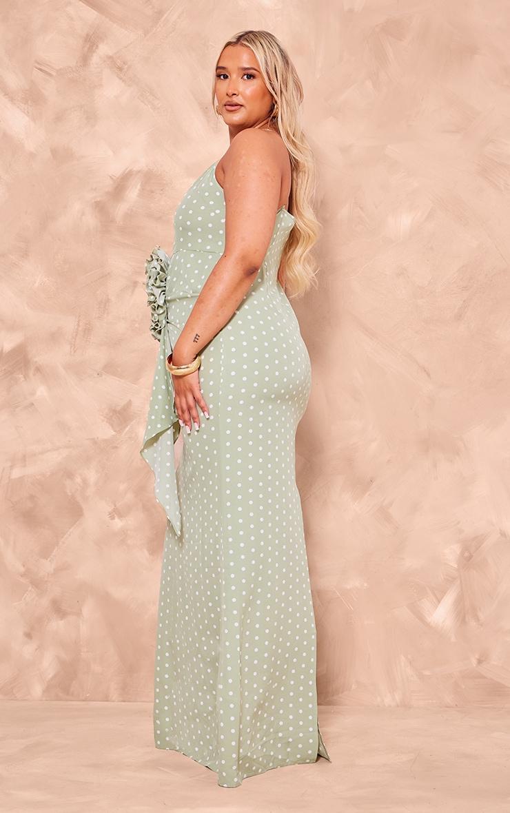 Plus Sage Polka Dot Satin Rose Detail Maxi Dress Product Image