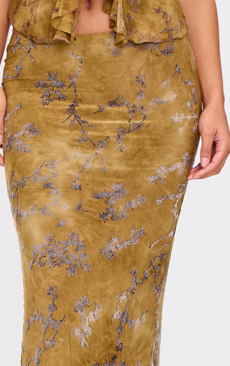 Olive Floral Devore Low Rise Maxi Skirt Product Image