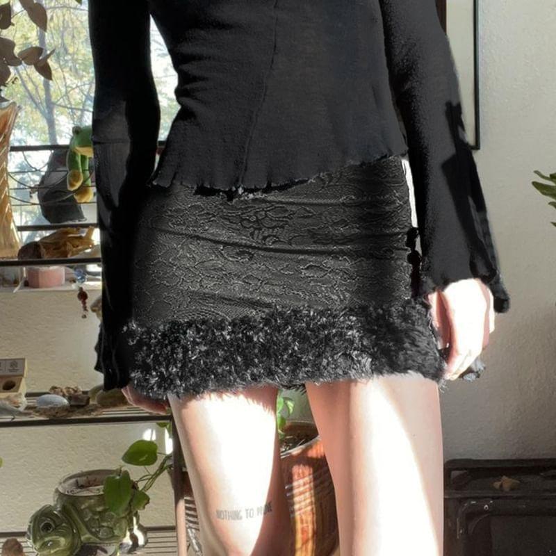 High Waist Plain Fluffy Trim Mini Pencil Skirt product image