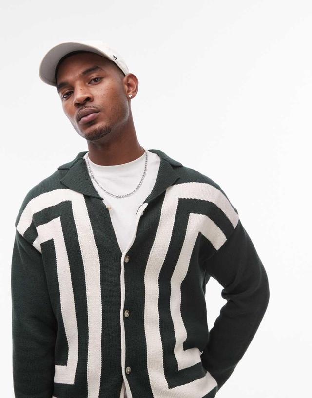 Topman knitted crochet vertical stripe button through long sleeve shirt in dark green Product Image