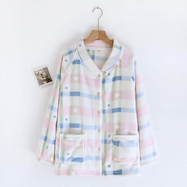 Collar Print Fleece Button Pajama Top Product Image