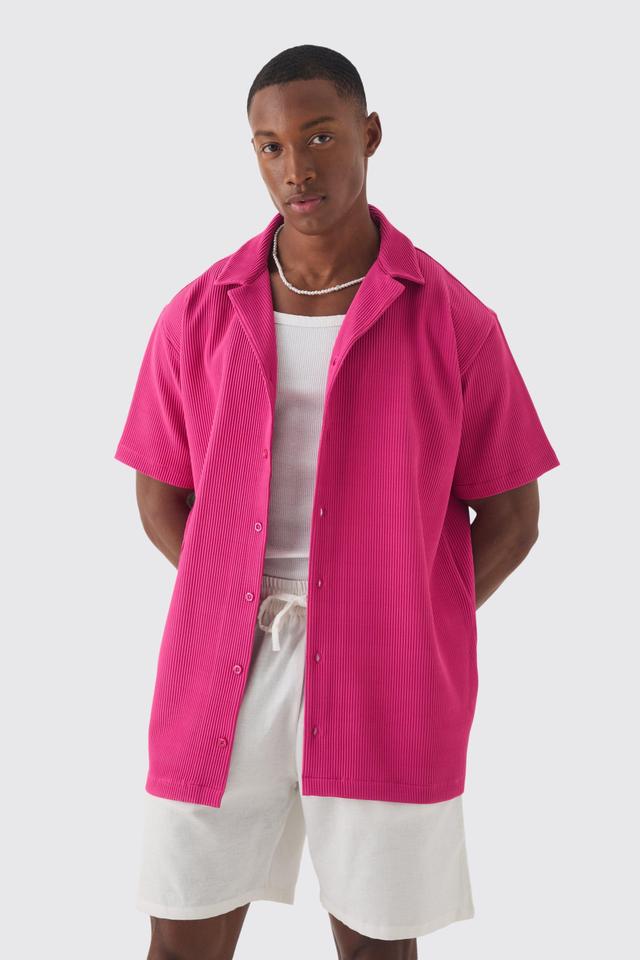 Mens Pink Short Sleeve Revere Oversized Pleated Shirt, Pink Product Image