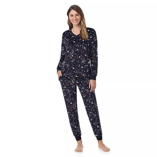 Petite Cuddl Duds Velour Fleece V-Neck Pajama Top & Pajama Bottoms Set, Womens Blue Stars Product Image