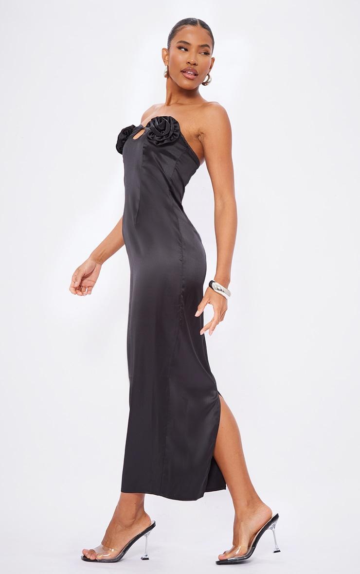 Black Satin Corsage Maxi Dress Product Image