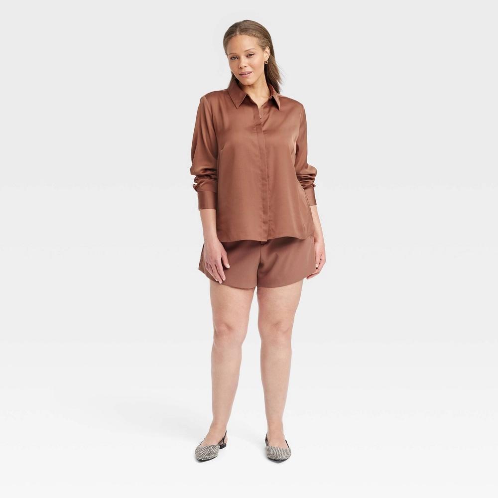 Womens Slim Fit Long Sleeve Satin Button-Down Shirt - A New Day Brown 4X Product Image