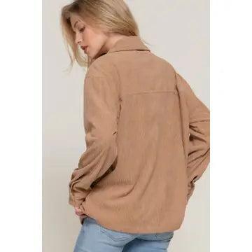 Women's Khaki Long Sleeve Front Pocket Button Down Corduroy Jacket Female Product Image