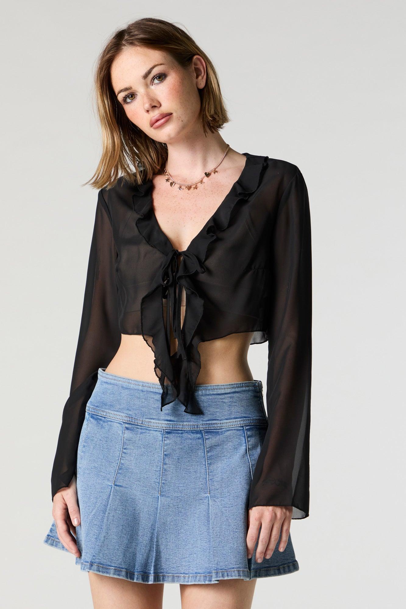 Mesh Ruffle Tie Front Long Sleeve Crop Top Female Product Image