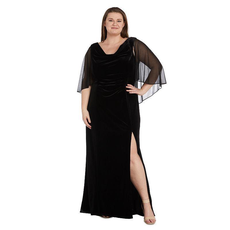 Plus Size R&M Richards Chiffon Cowled Velvet Side Slit Maxi Caplet Dress, Womens Product Image