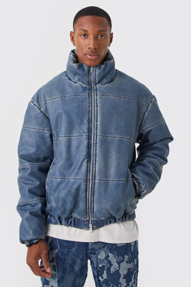 Funnel Neck Boxy Denim Look Pu Puffer | boohooMAN USA Product Image