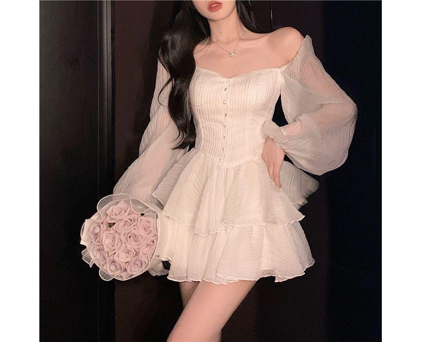 Puff-Sleeve Off Shoulder Plain Mini A-Line Dress Product Image