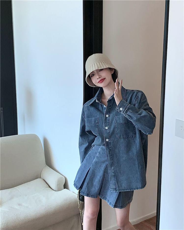 Long Sleeve Collared Washed Denim Shirt / High Waist Pleated Mini A-Line Skirt Product Image