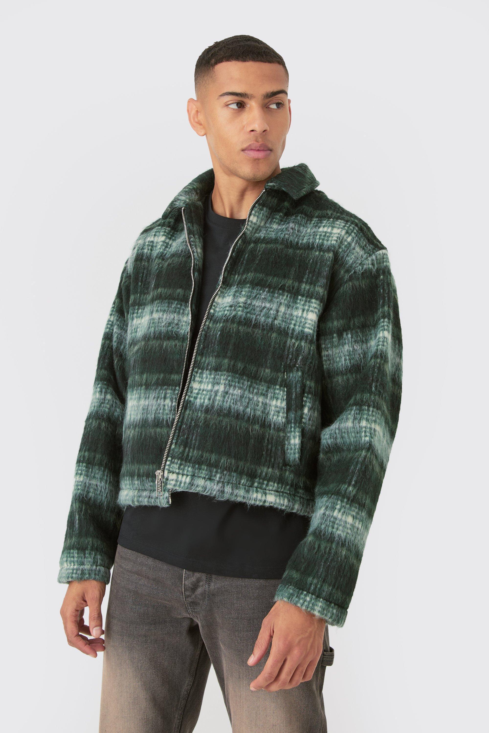 Brushed Plaid Collared Harrington Jacket In Green | boohooMAN USA Product Image