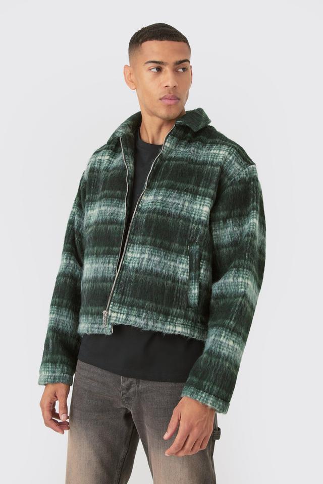 Brushed Check Collared Harrington Jacket In Green | boohooMAN USA Product Image