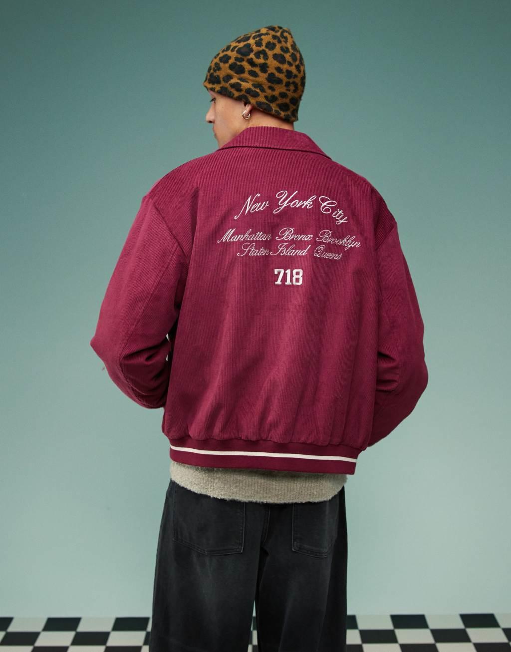 ASOS DESIGN oversized corduroy varsity jacket in burgundy Product Image