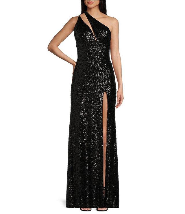 Blondie Nites One Shoulder Cutout Lace-Up Back Front Slit Long Sequin Gown Product Image