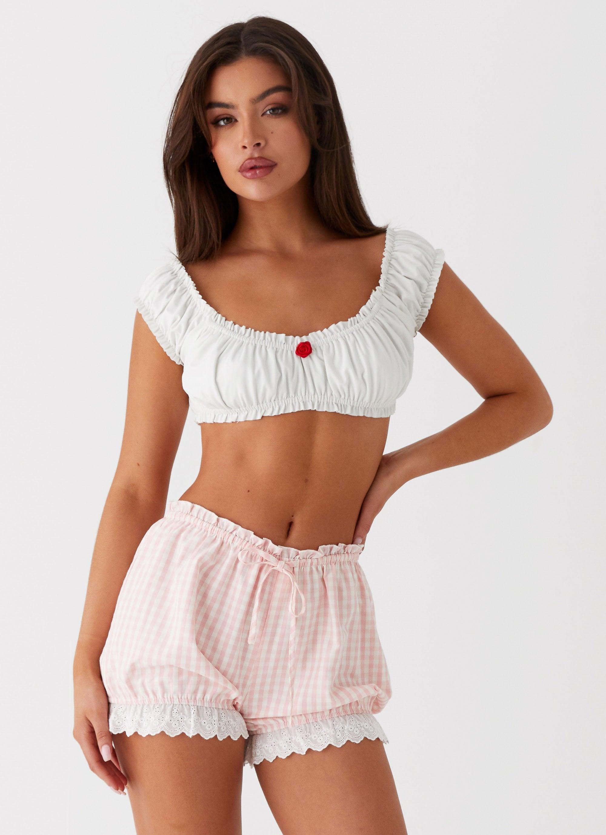 Weston Lace Trim Shorts - Pink Gingham Product Image