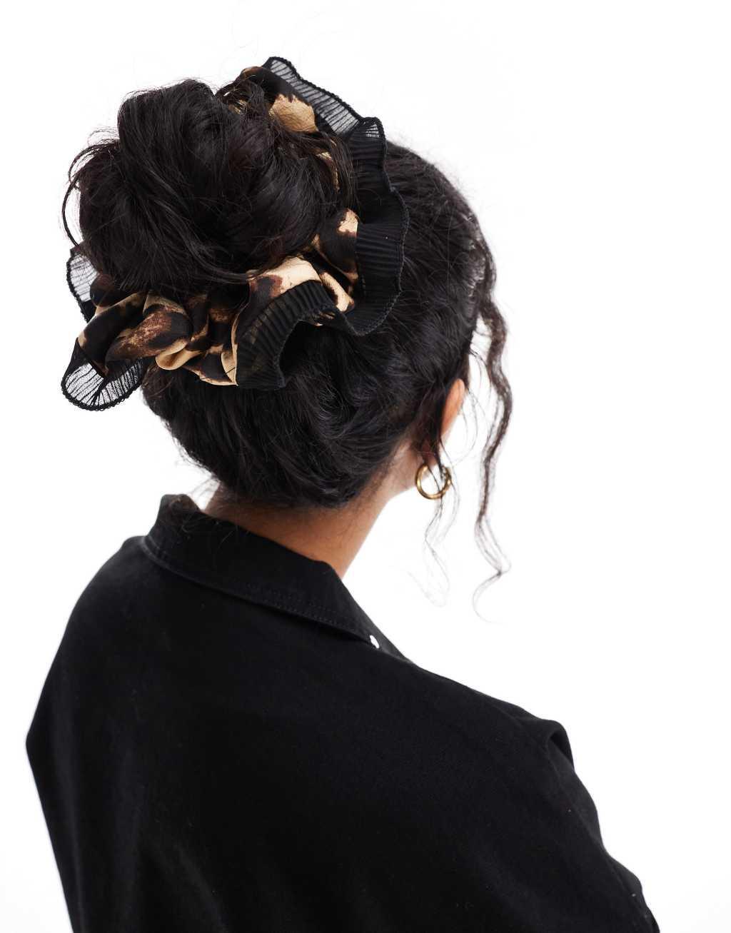 ASOS DESIGN scrunchie hairband with leopard print and contrast frill edge Product Image