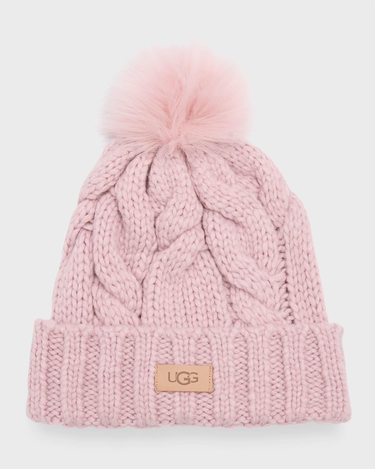 Cable Knit Beanie With Faux Fur Pom Product Image