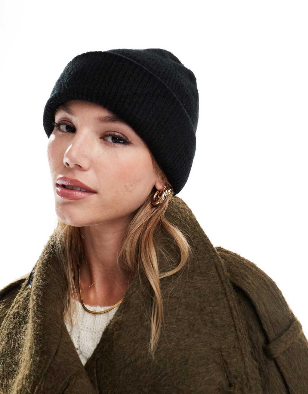 ASOS DESIGN double roll beanie in black Product Image