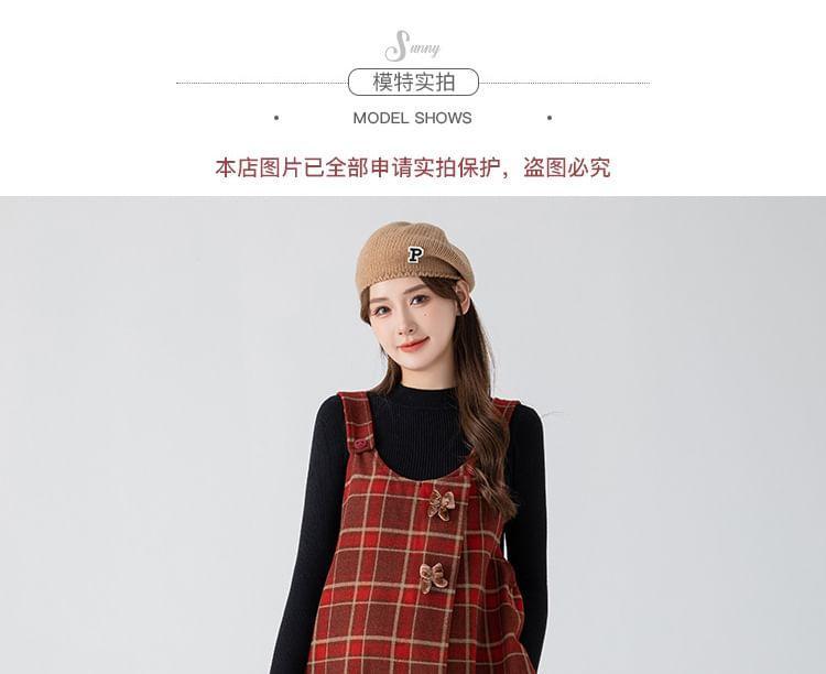 Maternity Long-Sleeve Mock Neck Plain Slim Fit Top / Plaid Bow Midi A-Line Pinafore Dress Product Image