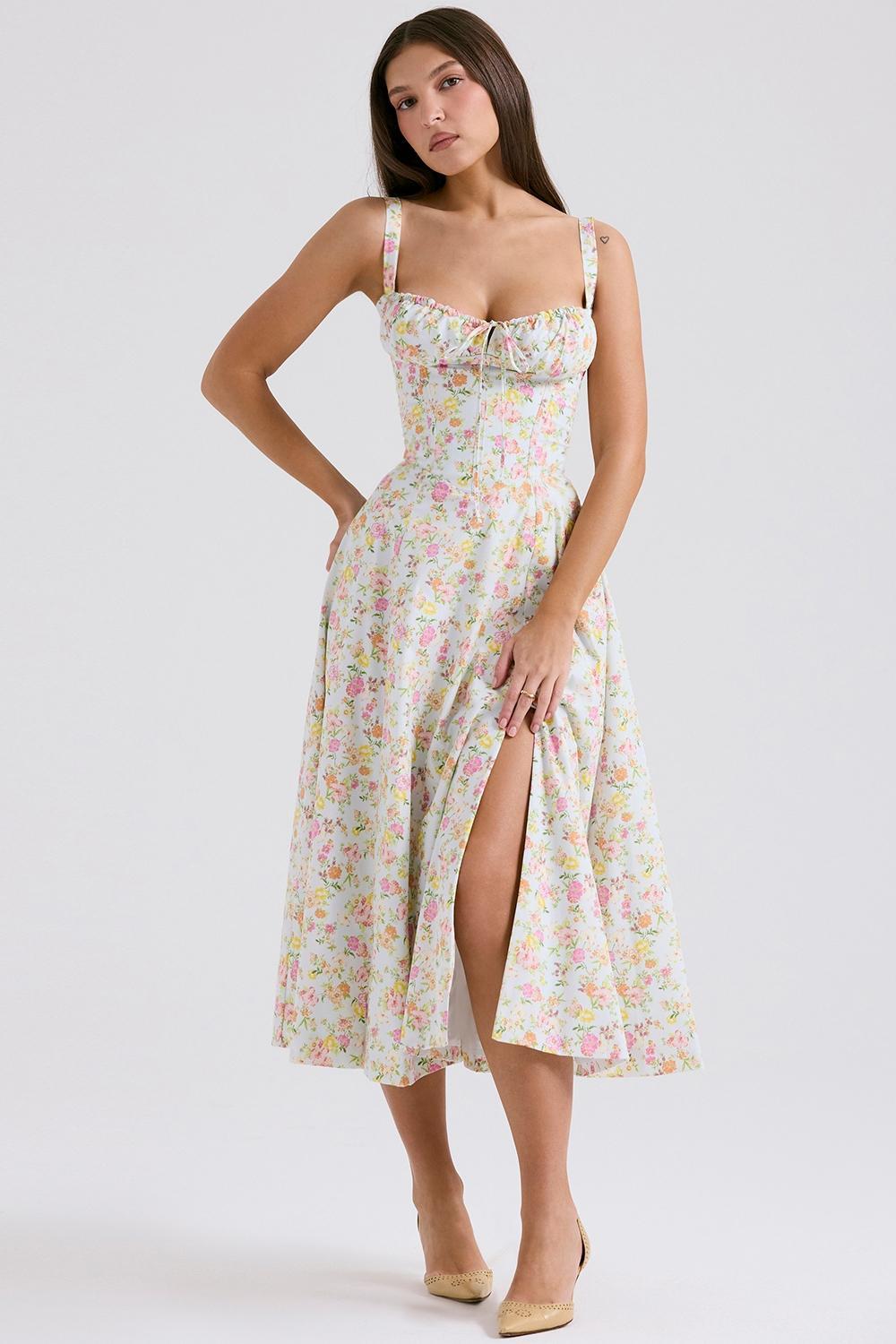 Carmen Pale Blue Meadow Print Cotton Bustier Sundress Product Image