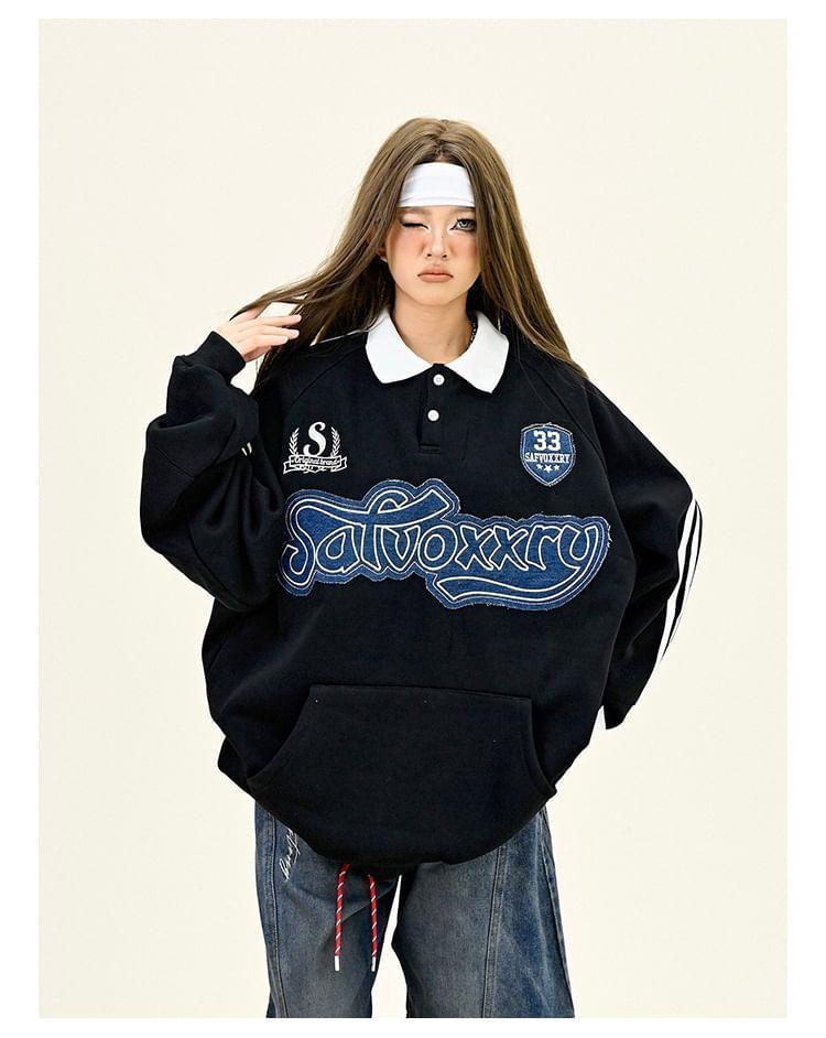 Polo Collar Lettering Embroidered Oversized Sweatshirt Product Image