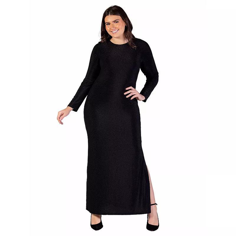 Plus Size 24Seven Comfort Apparel Fitted Long Sleeve Shimmery Fabric Side Slit Maxi Dress, Womens Product Image