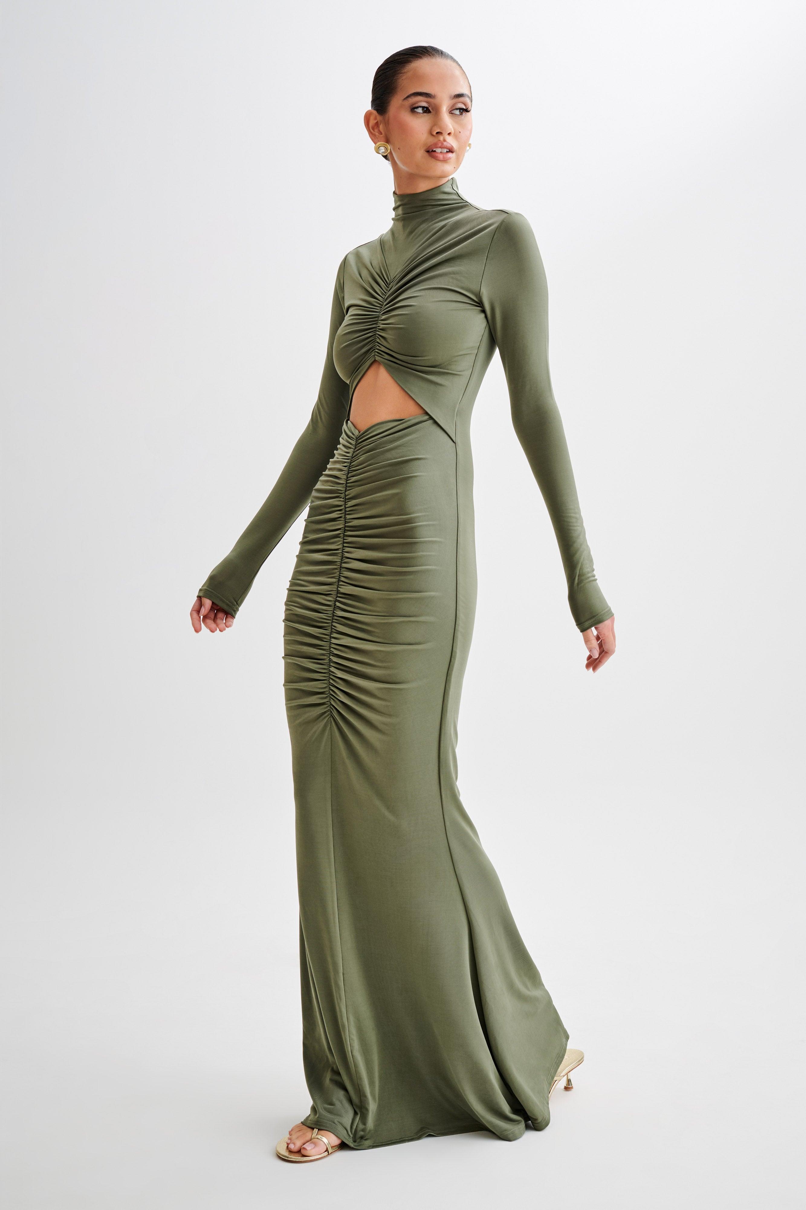 Pia Slinky Long Sleeve Cutout Maxi Dress - Military Olive Product Image