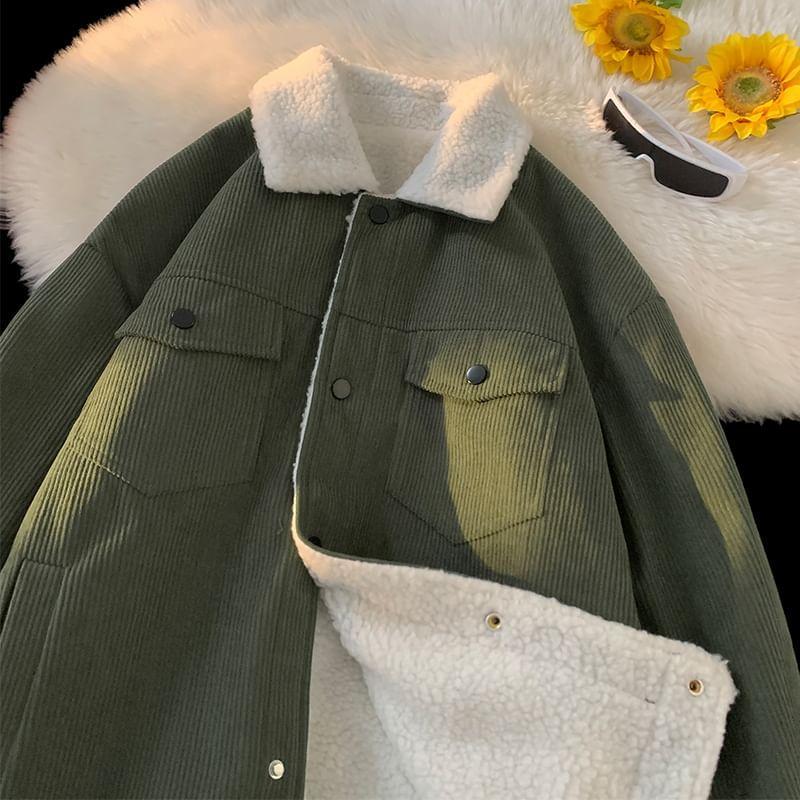 Collar Fleece-Lined Corduroy Button Utility Jacket Product Image