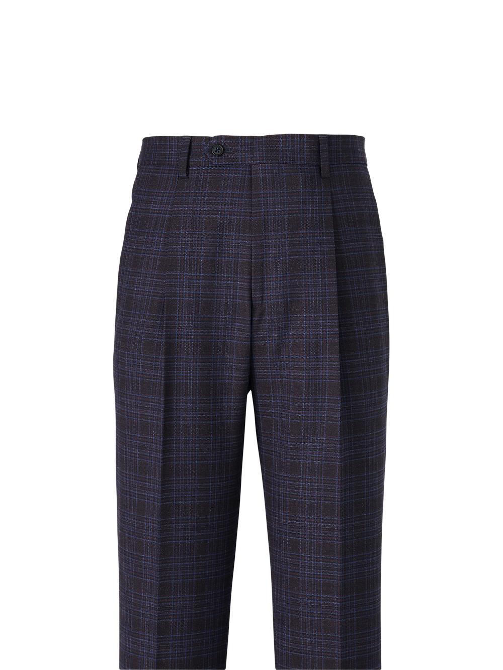 Wool Stretch Plaid Single Pleat Suit Pants - Brown/navy Product Image