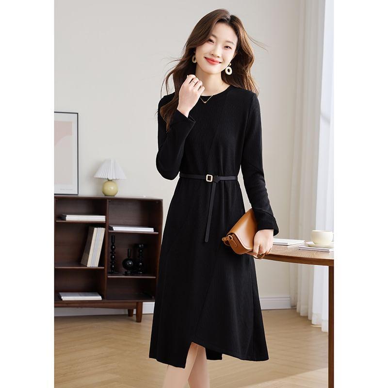 Long Sleeve Round Neck Plain Knitted Midi A-Line Dress Product Image