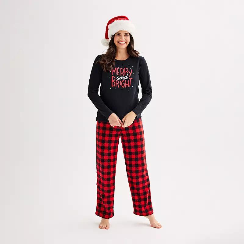 Petite Jammies For Your Families Merry & Bright Buffalo Plaid Pajama Top & Fleece Wide Leg Pajama Bottoms Set, Womens Product Image