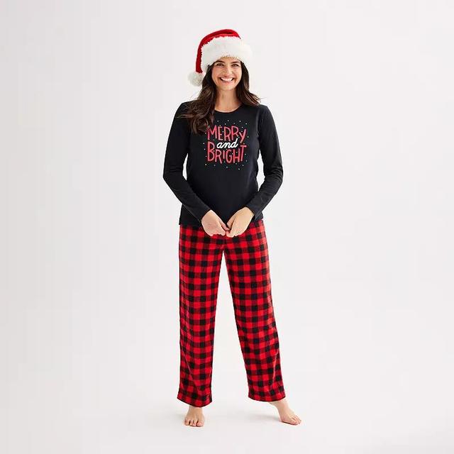 Petite Jammies For Your Families Merry & Bright Buffalo Plaid Pajama Top & Fleece Wide Leg Pajama Bottoms Set, Womens Product Image