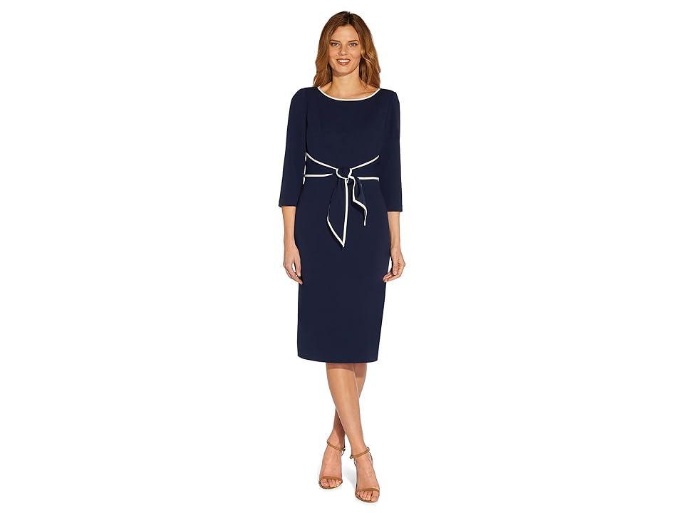 Adrianna Papell Contrasting Trim Boat Neck 34 Sleeve Tie Waist Crepe Sheath Dress Product Image