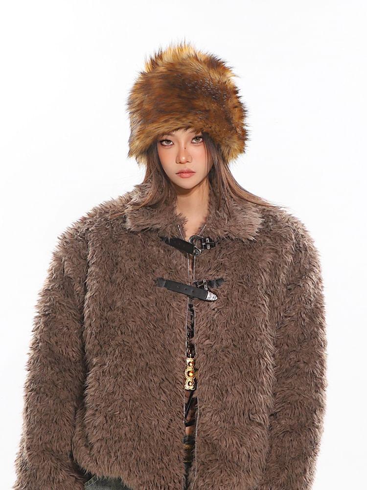 Collared Plain Fluffy Buckled Zip Jacket Product Image