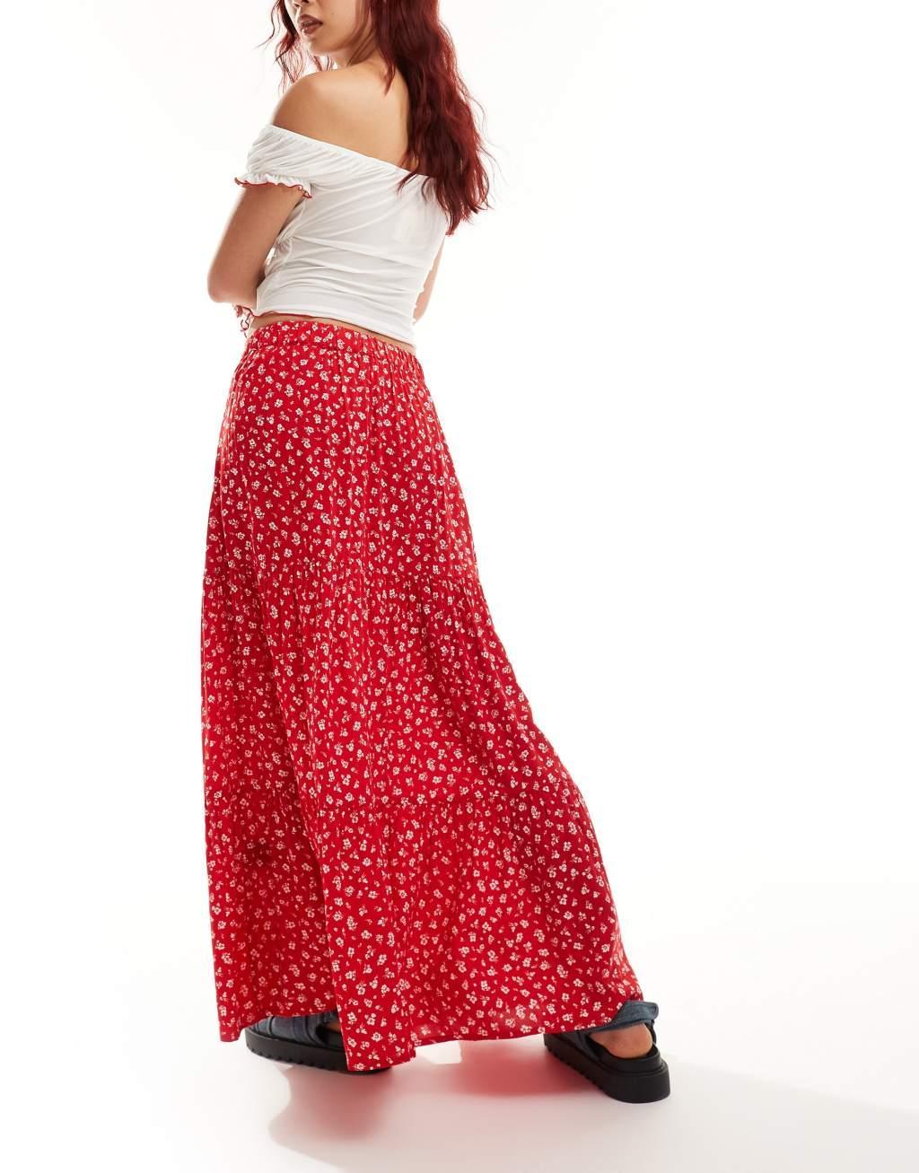 Monki tiered maxi skirt in red meadow floral Product Image