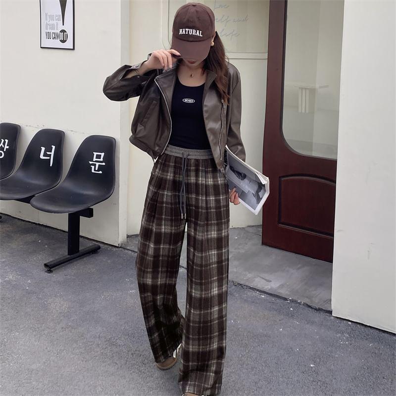 Drawstring Waist Plaid Wide Leg Pants Product Image