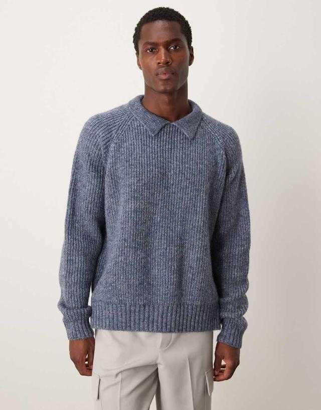 ASOS DESIGN oversized boxy fit heavyweight knitted wool mix cable sweater with collar in blue heather Product Image