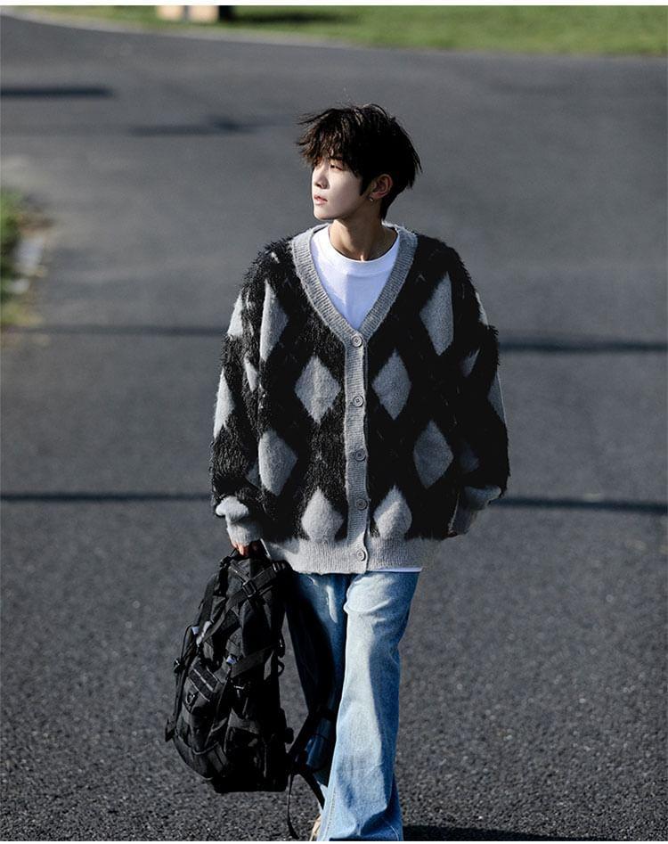 V-Neck Argyle Fluffy Cardigan Product Image