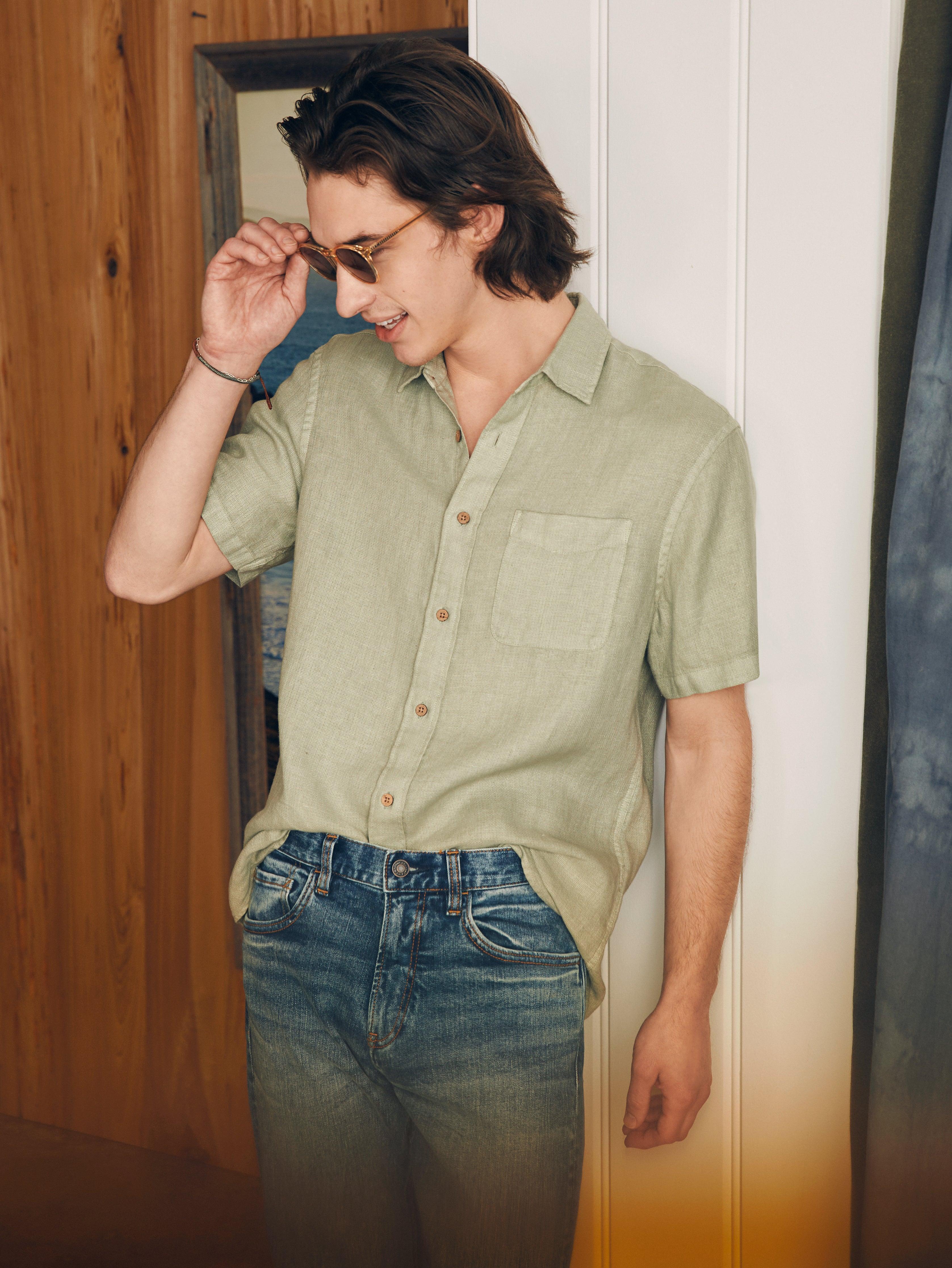 Short-Sleeve Palma Linen Shirt - Canyon Olive Basketweave Product Image