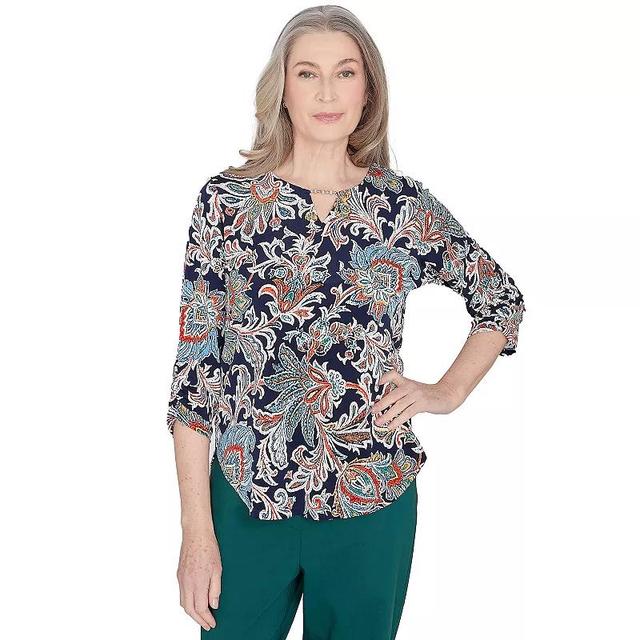 Womens Alfred Dunner Scroll Three-Quarter Ruched Sleeve Top Product Image