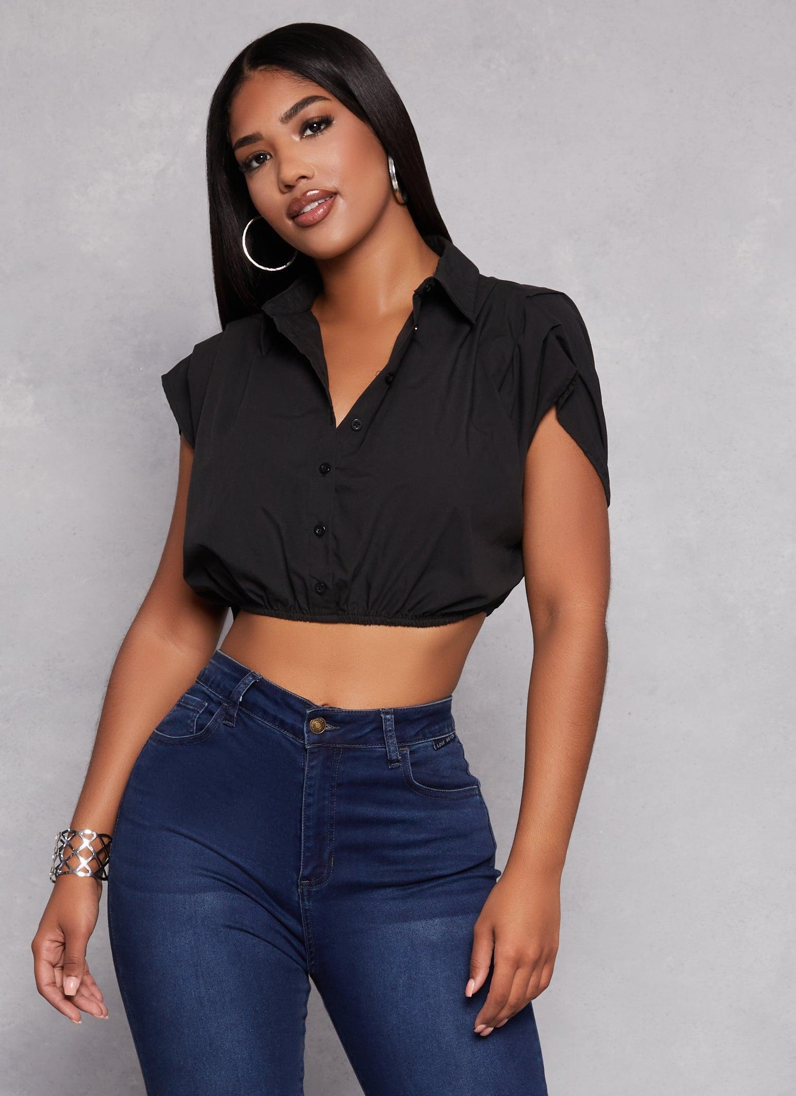 Womens Poplin Cap Sleeve Cropped Shirt Product Image