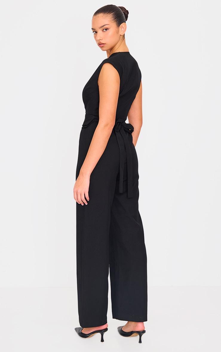 Black Premium Woven Sleeveless Waist Detail Straight Leg Jumpsuit Product Image