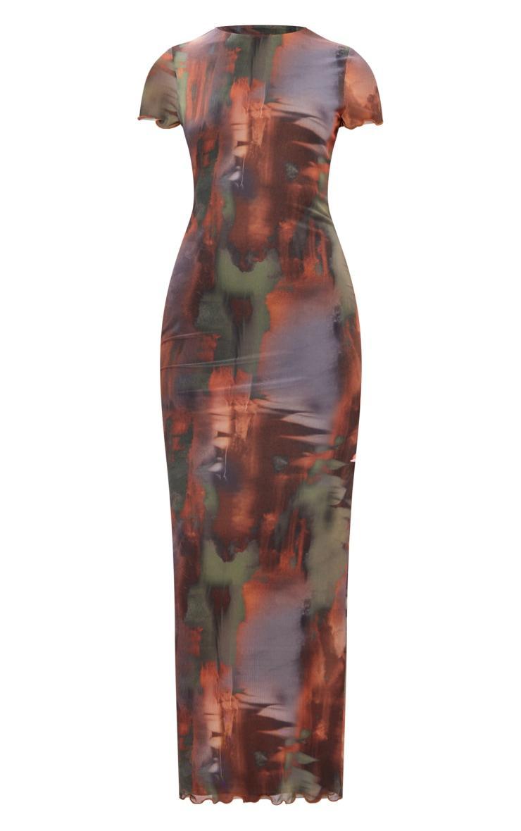 Brown Abstract Print Mesh Lettuce Hem Maxi Dress Product Image