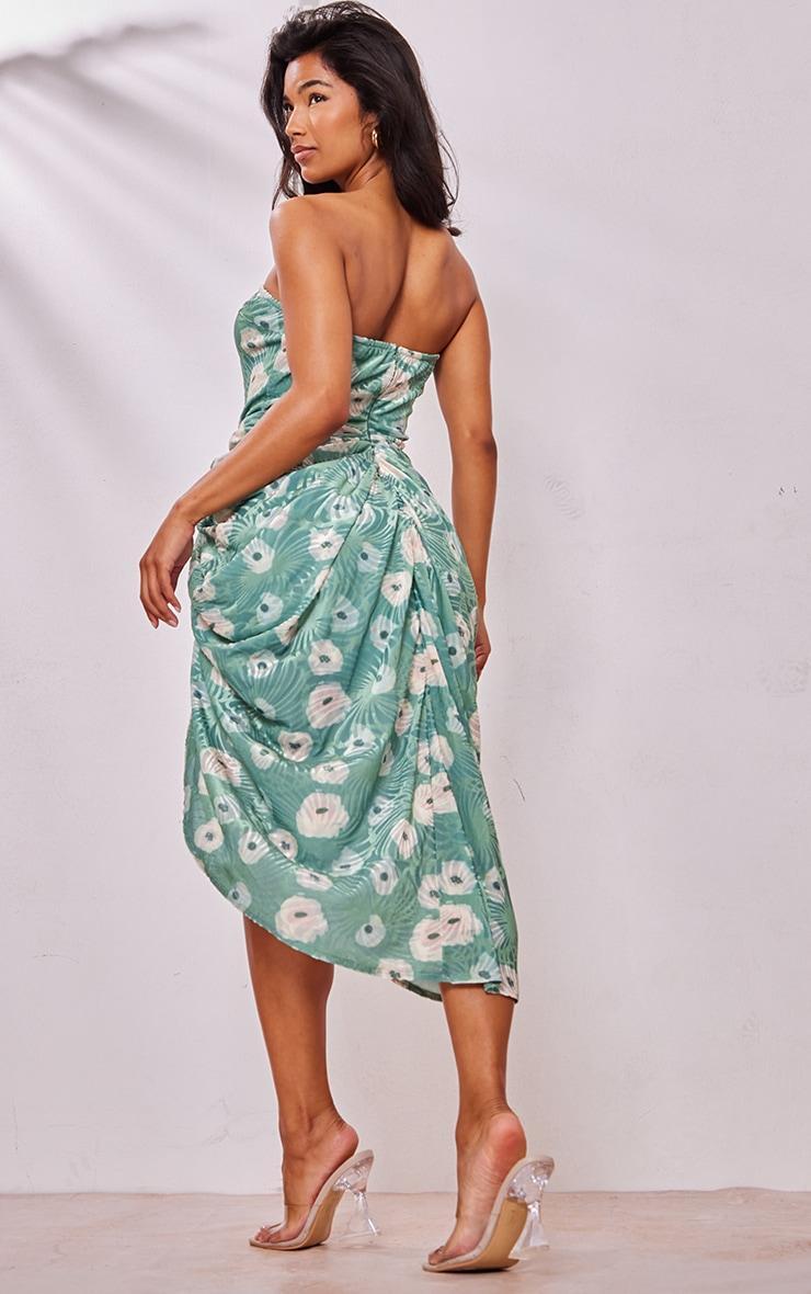 Green Floral Devore Bandeau Draped Midaxi Dress Product Image