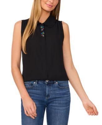 CeCe Womens Embroidered-Placket Collared Sleeveless Blouse product image