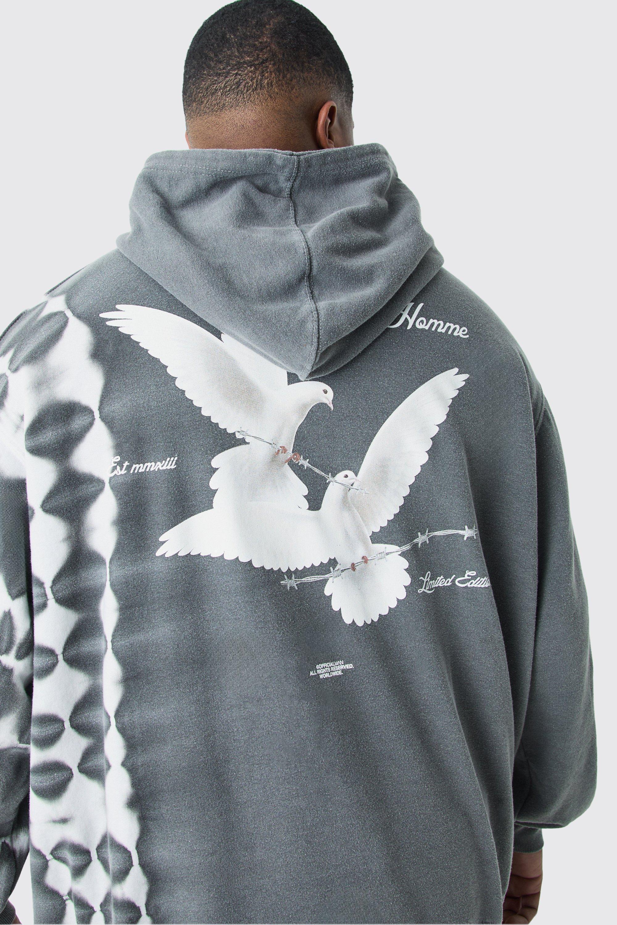 Mens Grey Plus Oversized Bleach Tie Dye Graphic Hoodie, Grey Product Image