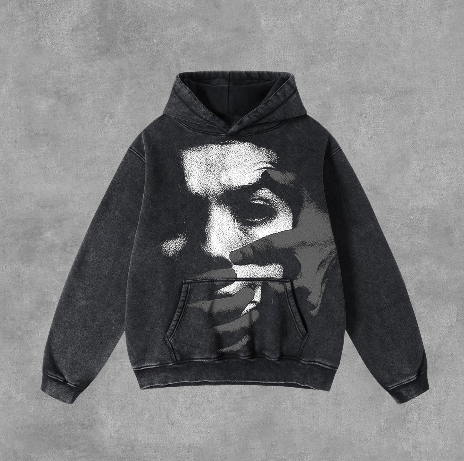 Vintage Fear Portrait Graphic Print Washed Distressed Pocket Hoodie Product Image