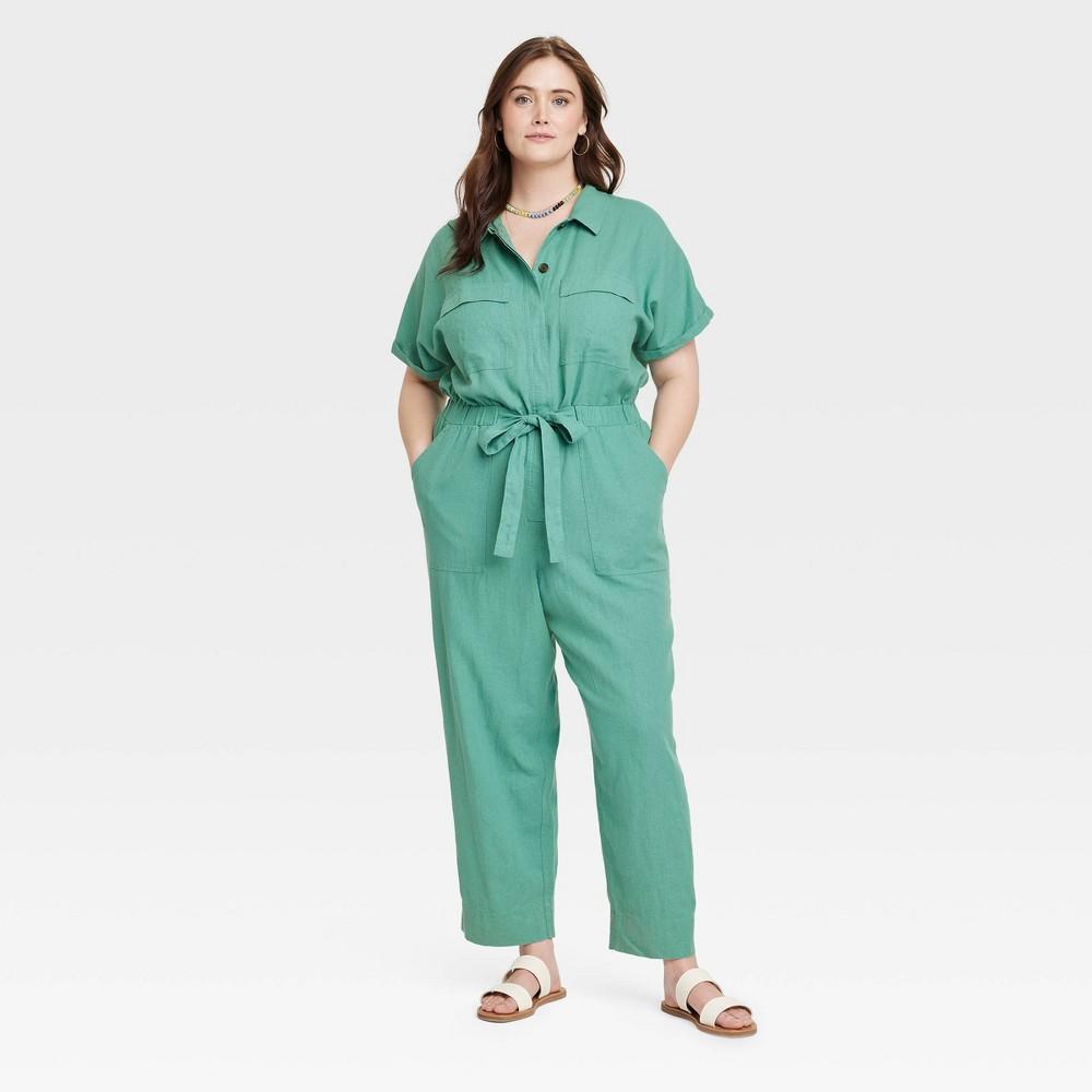 Womens Short Sleeve Linen Boilersuit - Universal Thread Green 22 Product Image